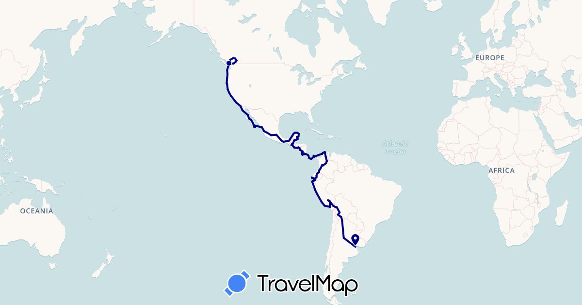 TravelMap itinerary: driving in Argentina, Bolivia, Belize, Canada, Colombia, Costa Rica, Ecuador, Guatemala, Honduras, Mexico, Nicaragua, Panama, Peru, El Salvador, United States (North America, South America)